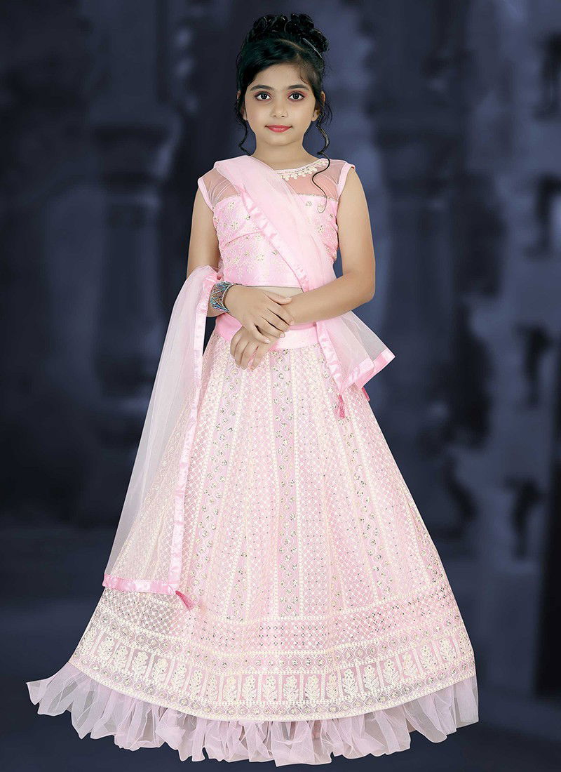 Light Pink Colour Latest Fancy Designer Party Wedding Wear Net With Lucknowi Work Kids Wear Girls Lehnga Choli Collection 121